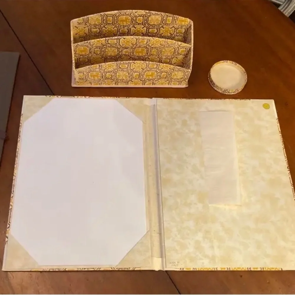 Vintage Italian handmade medieval pattern paper desktop accessories, six pieces